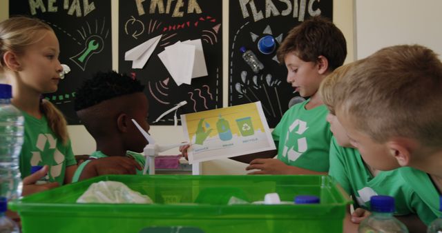 Children are gathered in a classroom, actively engaging in a lesson about recycling. They are wearing green shirts with recycling symbols, looking at a chart related to recycling plastic, metal, and paper. Ideal for educational materials, environmental awareness campaigns, and sustainability promotion.