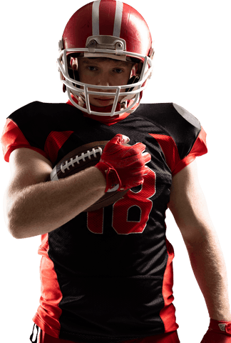 Young american football player holding ball on transparent background