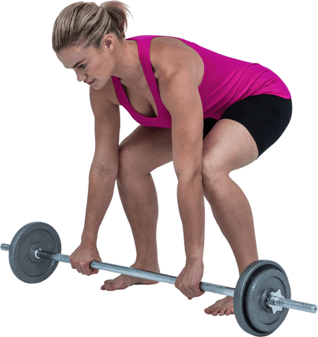 Transparent sporty woman lifting barbell in pink outfit
