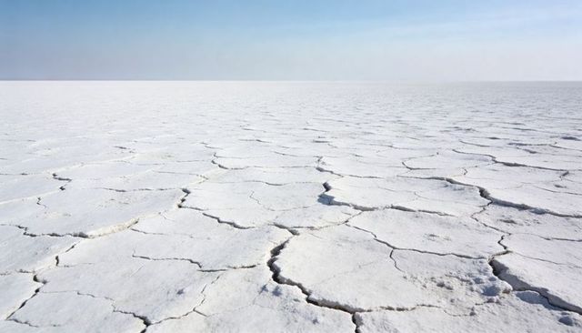 Cracked salt flat reflecting sunlight, tessellated white crust stretching to horizon
