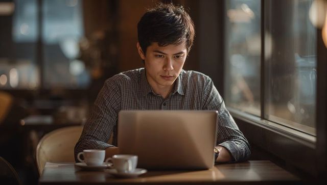 Focused young professional working on laptop in cozy cafe with coffee cups