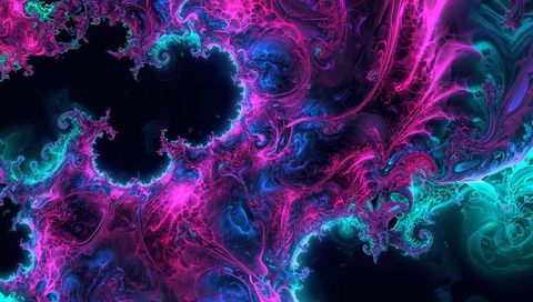 Swirling neon fractal with glowing tendrils and dark void depths in pink cyan