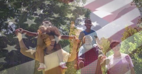Multi-Generational Family Outdoor Walk with Overlay American Flag