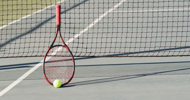 Tennis racket and ball resting against net on an outdoor court. Perfect for illustrating sports articles, fitness blogs, recreational activity promotions, or sporting equipment advertisements.