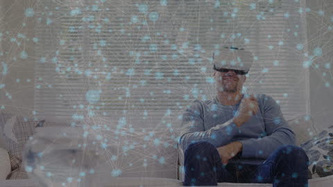 Caucasian Woman Using VR Headset Surrounded by Virtual Connections