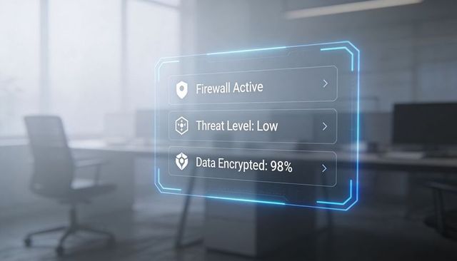 Holographic Cybersecurity Dashboard Displaying Firewall, Threat Level, Data Encryption