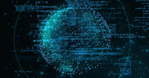 Rotating 3d data globe displaying python code fragments neon teal futuristic cyber visualization