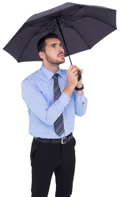 Transparent anxious businessman holding umbrella indoors - Download Free Stock Videos Pikwizard.com