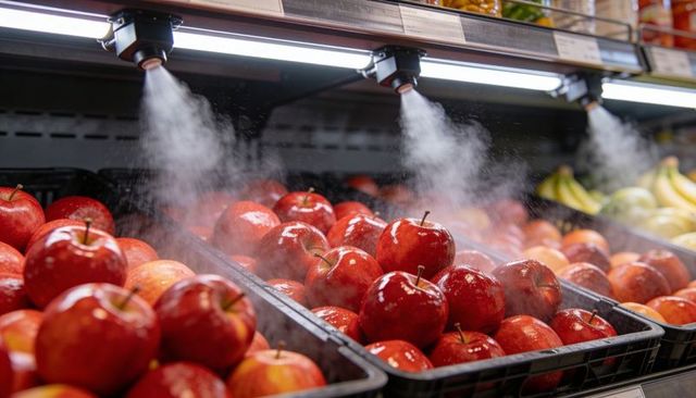 Misting system spraying fine mist over shiny red apples on supermarket produce display