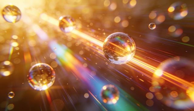 Floating glass spheres refracting golden light with rainbow streaks, bokeh and motion blur