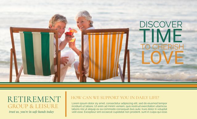 Elderly couple sitting on beach chairs, smiling and enjoying a bright day at the beach, depicting an ideal retirement lifestyle. This image can be used for senior living advertisements, retirement planning services, health and wellness programs for seniors, and travel packages targeting elderly individuals. The cheerful and relaxed atmosphere emphasizes enjoying life in later years.