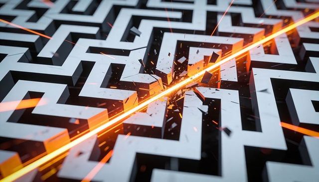 Orange Laser Cutting Through Geometric Maze, Sparks Flying and Walls Fracturing