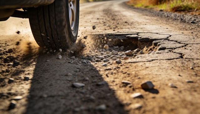 Tire hitting large pothole on rural gravel road kicking up dust and flying stones