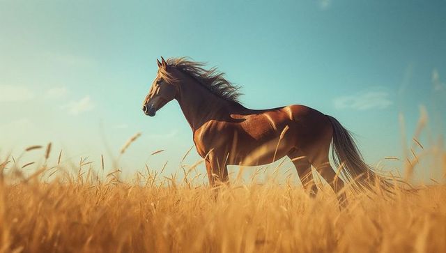 Majestic Horse in Golden Sunlit Field Under Blue Sky