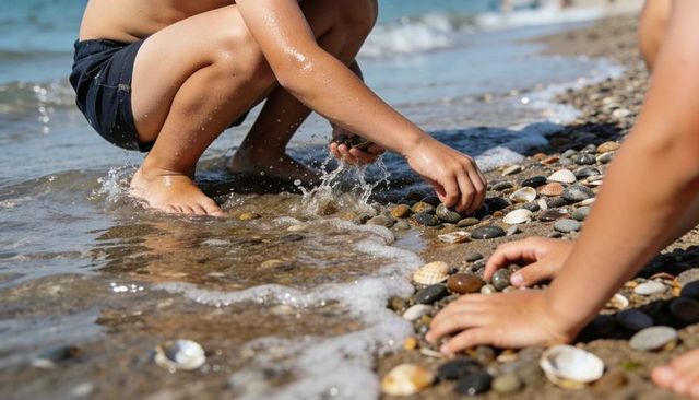 Children collecting smooth pebbles and shells on sunlit pebble beach, hands splashing in surf