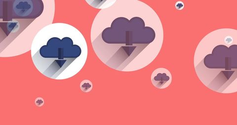 This abstract image depicts various cloud icons with arrows over a pink background, symbolizing digital connectivity and cloud storage. Useful for illustrating concepts related to cloud computing, data management, and technological advancements. It is ideal for use in technology-related presentations, digital marketing materials, or articles about the future of data storage and online services.