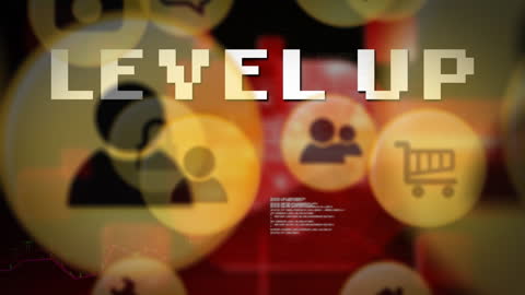 Level Up Banner with Digital Icons and Data Animation