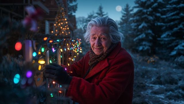 Elderly Woman Adjusting Christmas Lights Outdoors in Wintery Scene