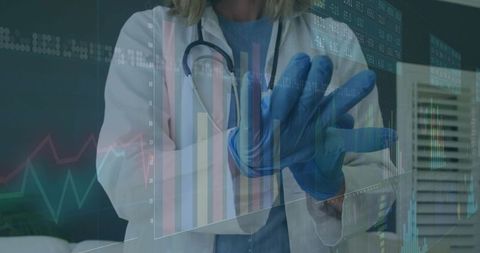 Medical Professional Wearing Gloves with Digital Chart Overlay