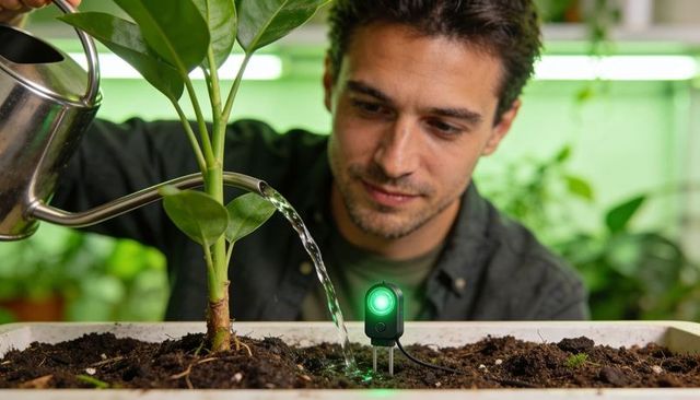 Man watering indoor plant while monitoring smart soil moisture sensor under grow lights