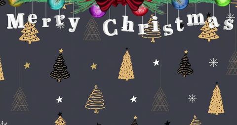 Hanging white block letters merry christmas on charcoal canvas with garland and red bow