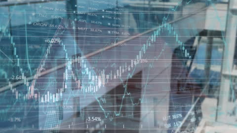 Digital Data Overlay on Cityscape with Financial Graphs