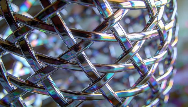 Weaving iridescent chrome lattice sphere reflecting rainbow light abstract background