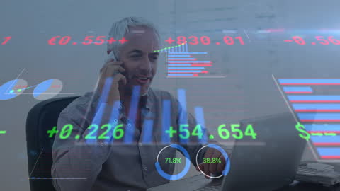 Businessman Analyzing Financial Data on Laptop with Overlays