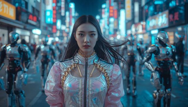 Futuristic Woman with Robots in Neon-Lit Cyberpunk City