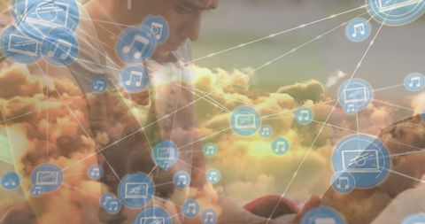 Engaged Man Using Smartphone with Cloud Network Interface