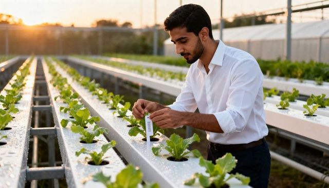 Hydroponic technician tending lettuce rows in greenhouse at golden hour, labeling seedlings