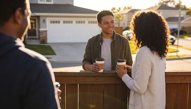 Neighbors chatting over wooden fence with coffee at golden hour, warm suburban moment