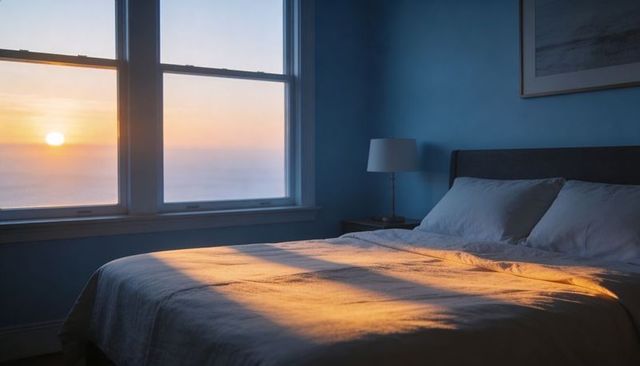 Sunrise sunbeams spreading across neat coastal bedroom, warm morning light on linen