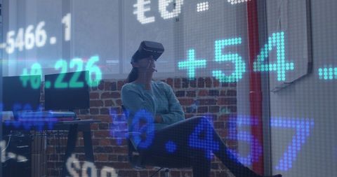 Woman Immersed in Virtual Reality Analytics of Stock Market