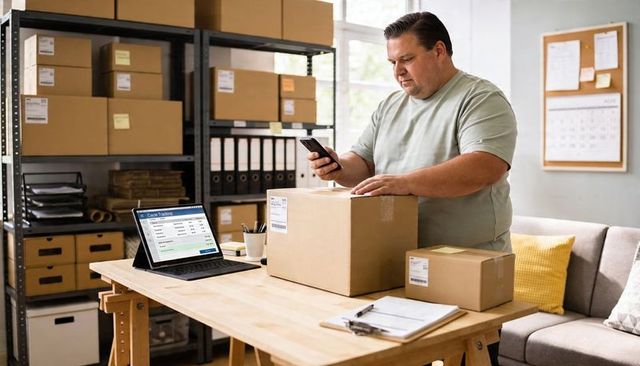 Small Business Owner Scanning Shipping Label with Phone and Laptop Showing Order Tracking
