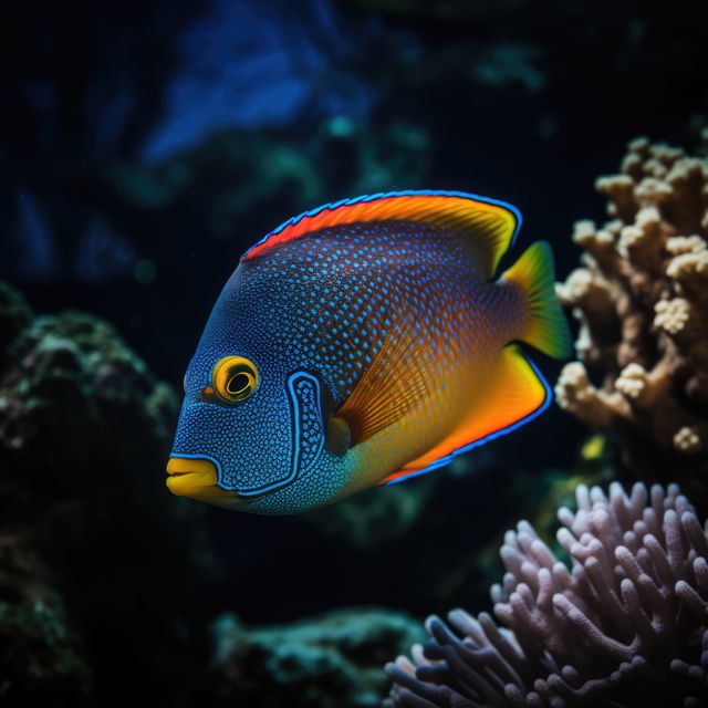 Blue tropical fish with spots and coral reef in sea, created using generative ai technology. Fish, animals and nature concept, digitally generated image.