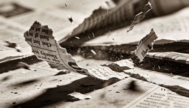 Torn sepia newsprint fragment floating in motion with ink flecks and vintage headlines