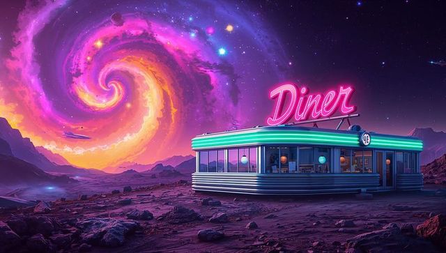 Retro futuristic diner under cosmic vortex