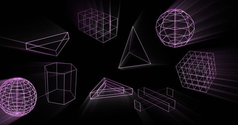 Glowing wireframe 3d shapes on black background