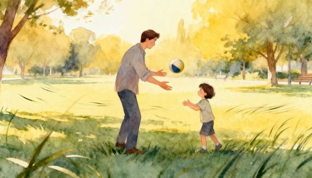Father and son playing ball in sunny park watercolor illustration warm family moment