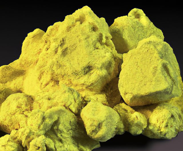 Detailed image of bright yellow sulfur mineral sample. Useful for educational materials, geological studies, scientific presentations, or natural resource exploration documentation.