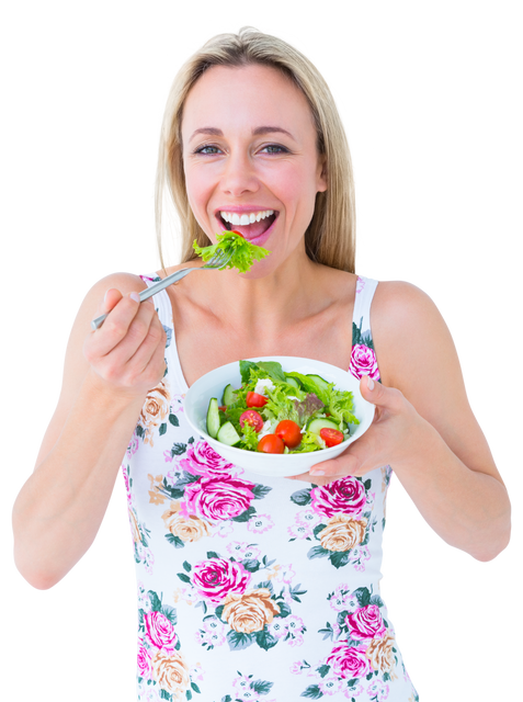 Smiling Woman Eating Bowl of Fresh Salad Transparent Background - Download Free Stock Videos Pikwizard.com