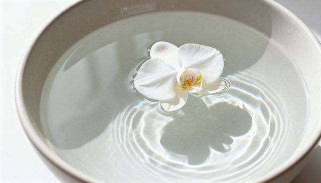 White orchid floating in ceramic bowl with soft shadow and concentric water ripples zen