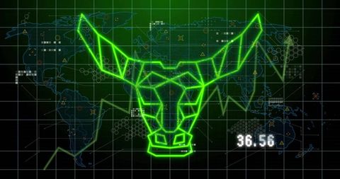 Neon green bull head data visualization showing global market surge and uptrend
