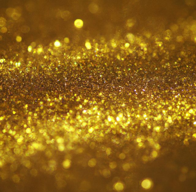 Captivating image of sparkling gold glitter creating an abstract, shimmering background. Ideal for designing luxury themes, festive invitations, holiday cards, party decorations, advertisements, and promotional materials associated with opulence and celebration.