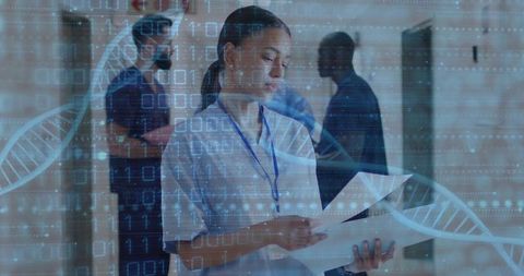 Nurse Reading Patient Charts with DNA Helix and Digital Data Overlay for Precision Care