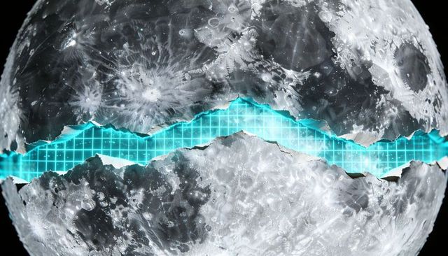 Lunar sphere tearing open revealing glowing cyan grid, futuristic cratered moon fissure