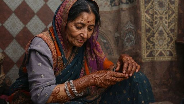 Elderly indian woman admiring intricate henna while wearing sari and silver bangles