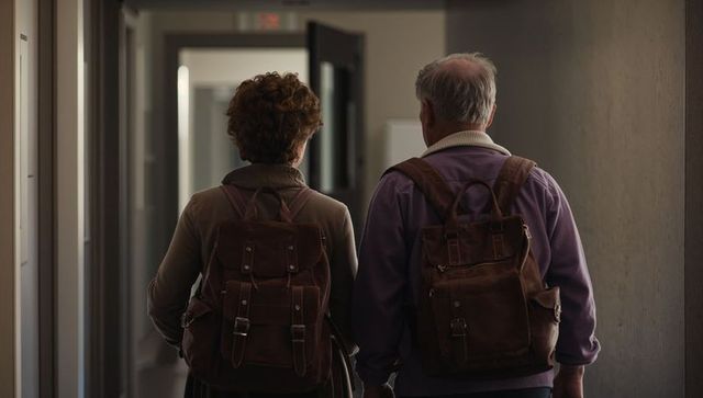 Senior Couple Walking Down Hotel Corridor Carrying Brown Leather Backpacks, Travel Mood