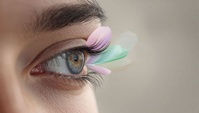 Closeup left eye with pastel petal lashes and multicolored iris creating floral makeup